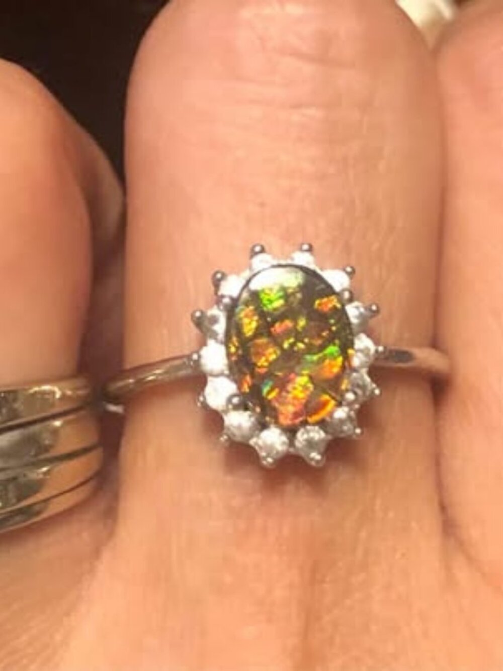 S925 Sterling Silver Oval Natural Ammolite Ring with Crystal Halo